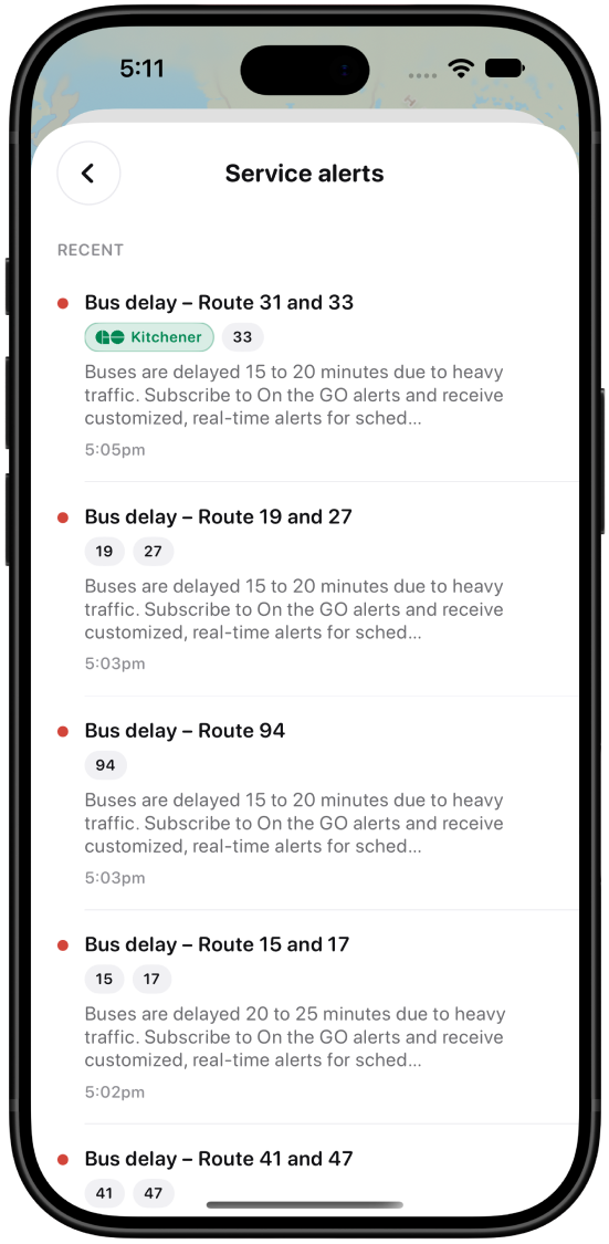 Service alerts list, light mode