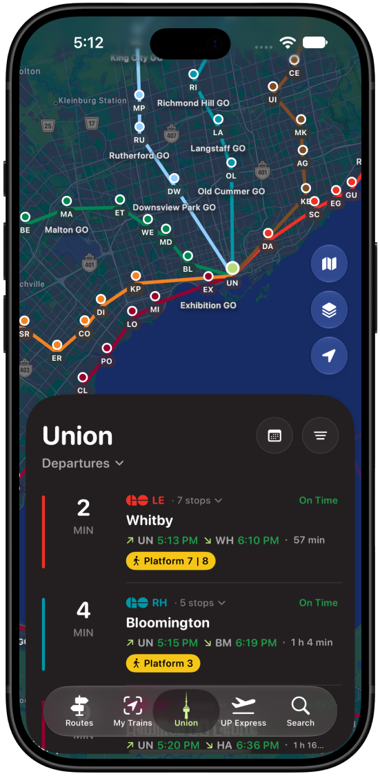 Union departures board with live platform assignments, dark mode